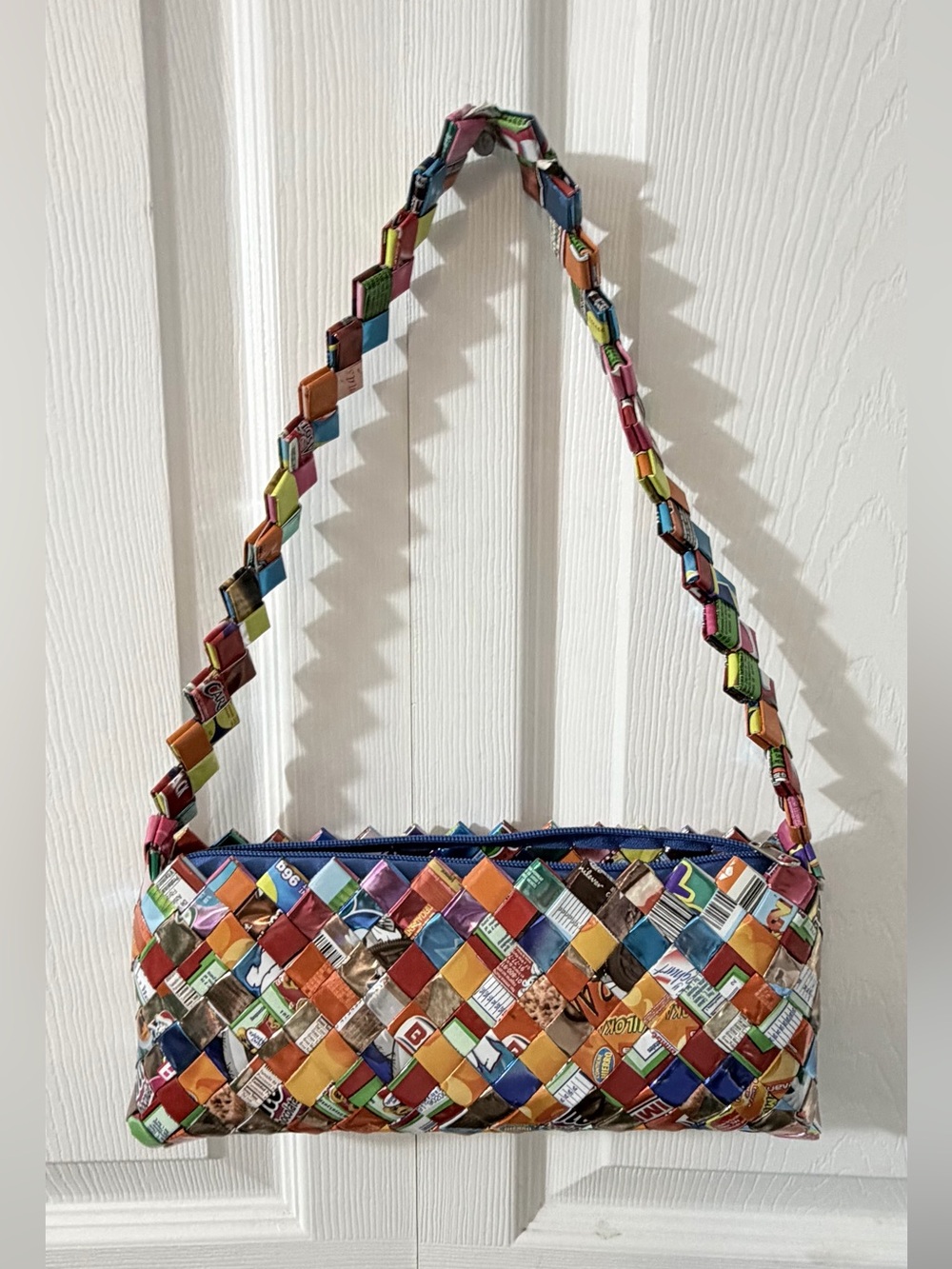 Retro Handmade Woven Recycled Candy Wrapper Shoulder Bag Multicolor Zip Purse